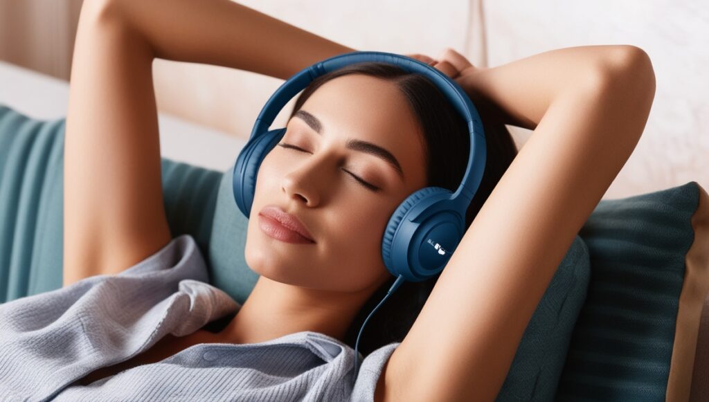 Binaural Beats for Deep Relaxation - lady relaxes with headphones